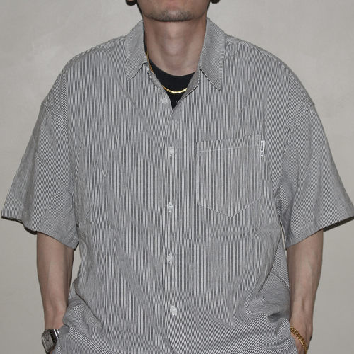 GcBrand Lab Stripe Shirt 复古基础款 日系休闲口袋条纹衬衫短袖