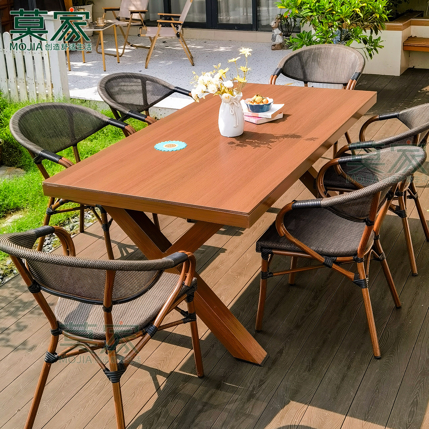莫家户外桌椅高端3D木纹轻奢岩板