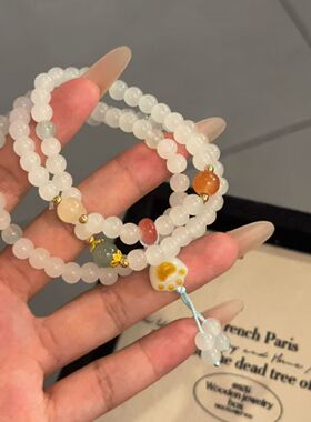 非金属玻璃手链 可爱炭烧猫爪三圈手串中式国潮编织闺蜜手链