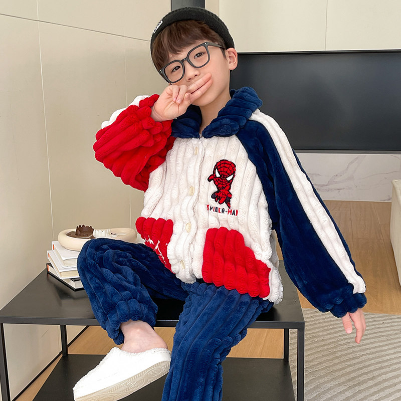冬季男童珊瑚绒拉链睡衣加厚保暖蜘蛛侠卡通法兰绒亲子家居服套装