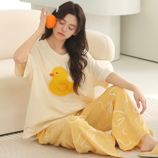 百分百纯棉带胸垫睡衣女夏季短袖长裤卡通鸭子外穿全棉家居服套装