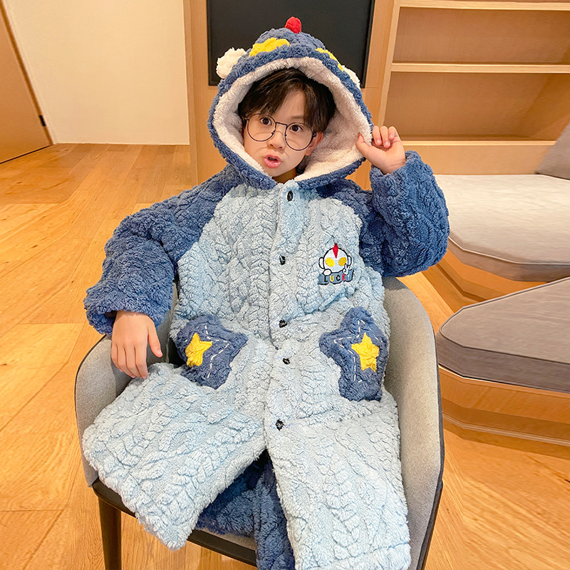 冬季男童三层夹棉珊瑚绒长款睡袍两件套保暖奥特曼可爱连帽家居服
