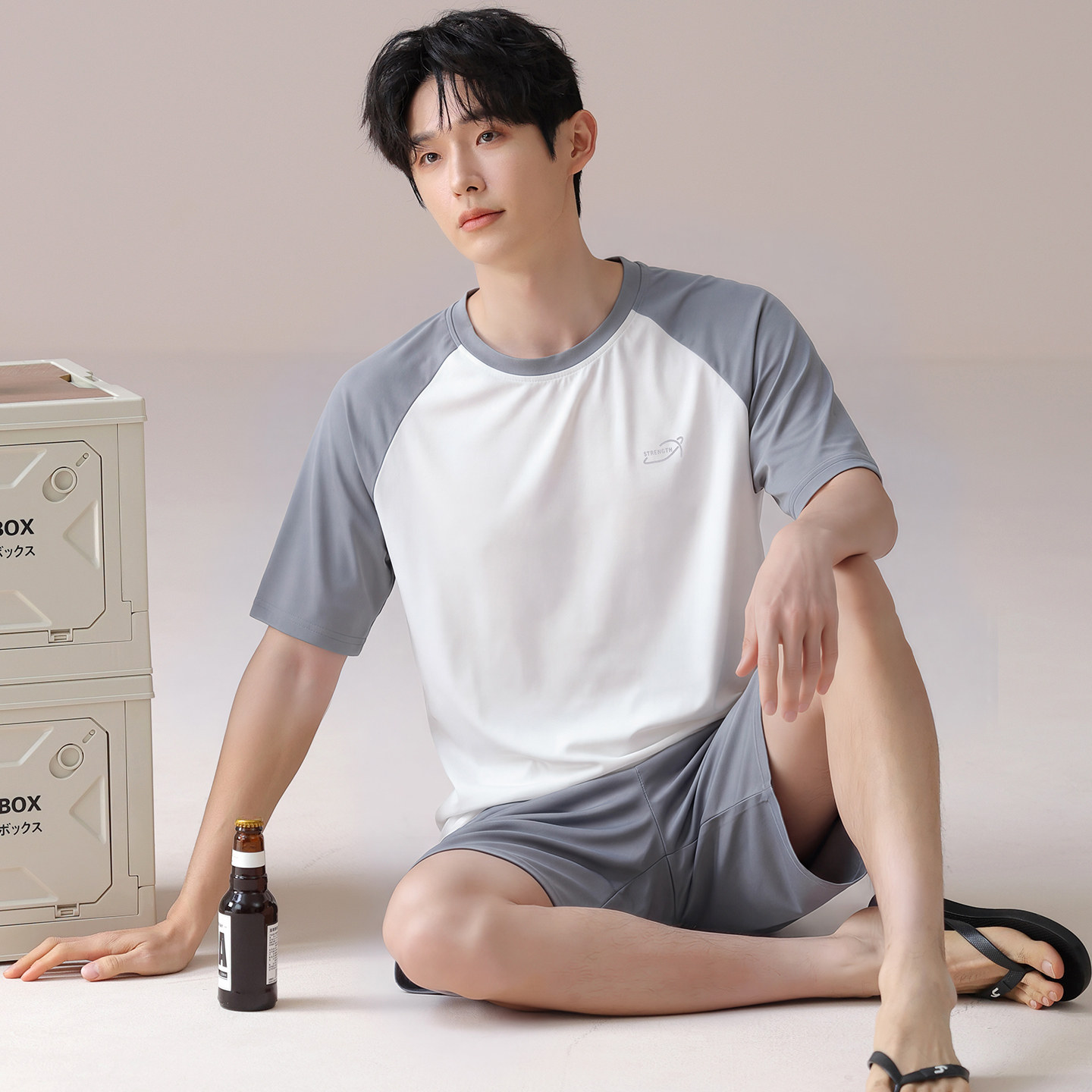 男士短袖短裤睡衣夏季薄款外穿运动风速干吸汗锦纶简约家居服套装