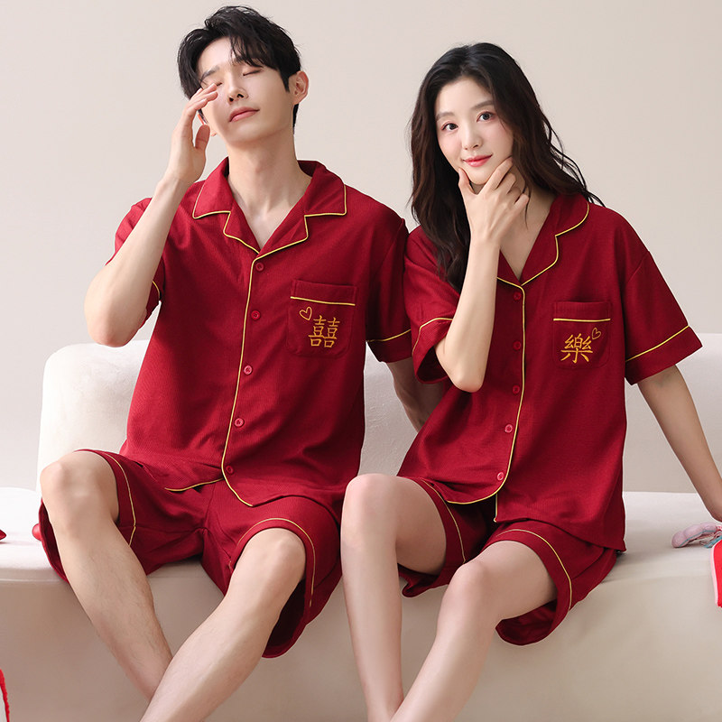 情侣睡衣女士夏季纯棉短袖开衫红色本命年结婚新婚高级感家居服男
