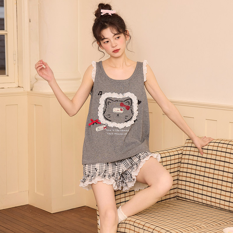 夏季带胸垫一体式睡衣女可爱卡通背心式可外穿无袖少女家居服套装