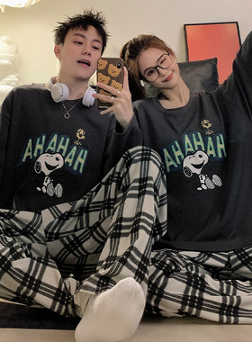 春秋季带胸垫情侣睡衣纯棉长袖史努比卡通简约春天休闲家居服套装