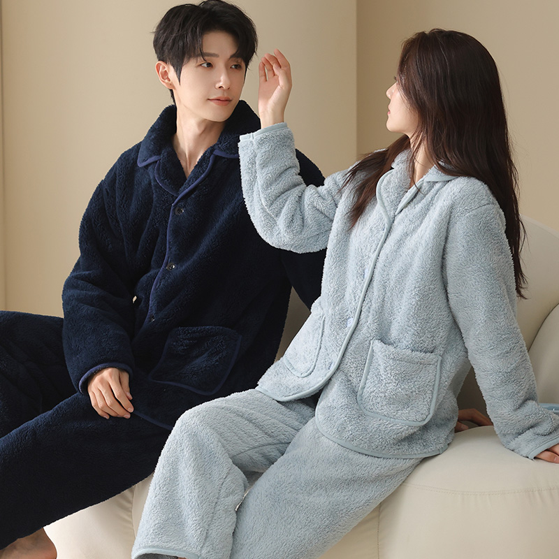 高级感纯色开衫珊瑚绒情侣睡衣男女冬季法兰绒加厚保暖家居服套装