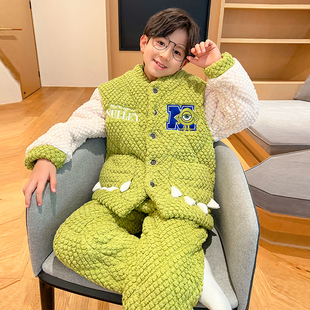 冬季男童珊瑚绒三层夹棉睡衣套装可外穿时尚加厚青少年保暖家居服