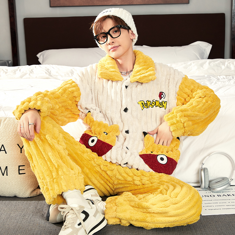秋冬男皮卡丘珊瑚绒睡衣家居套装