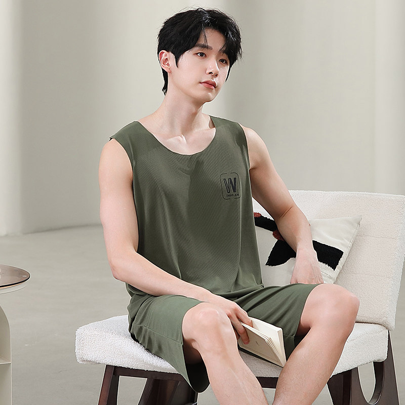 冰丝男士背心短裤睡衣套装夏季凉感可外穿时尚加大码丝绸家居服
