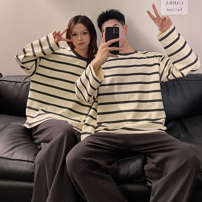 春秋季情侣长袖套头睡衣两件套简约条纹宽松女秋冬男士时尚家居服