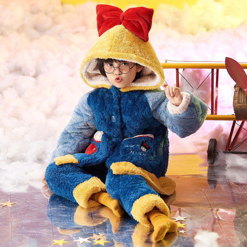 睡衣女童冬季三层夹棉加绒加厚珊瑚绒儿童保暖女孩公主家居服