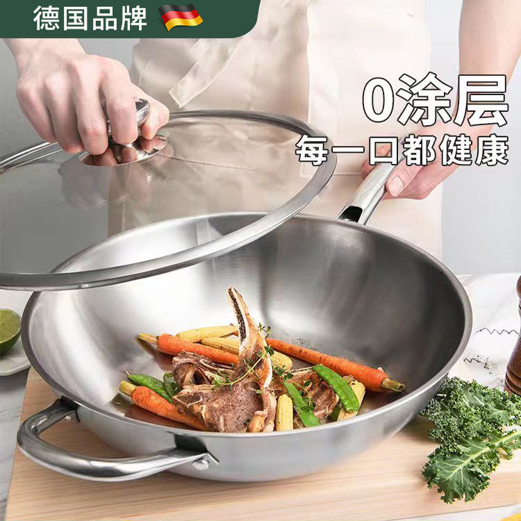 316食品级不锈钢炒锅不粘锅平底锅圆底炒锅无涂层商用家用大号锅