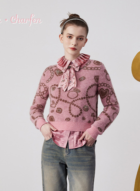 CHARFEN朝峰锁链花纹毛衣女长袖印花针织衫上衣CFE3C531-5051C