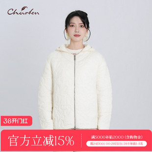 CHARFEN白色短款棉衣女连帽拉链轻薄棉服时尚外套CFF5A303-3237O