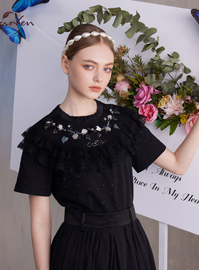 CHARFEN法式黑色蕾丝刺绣上衣女荷叶边短袖针织衫CFE2L169-1107B