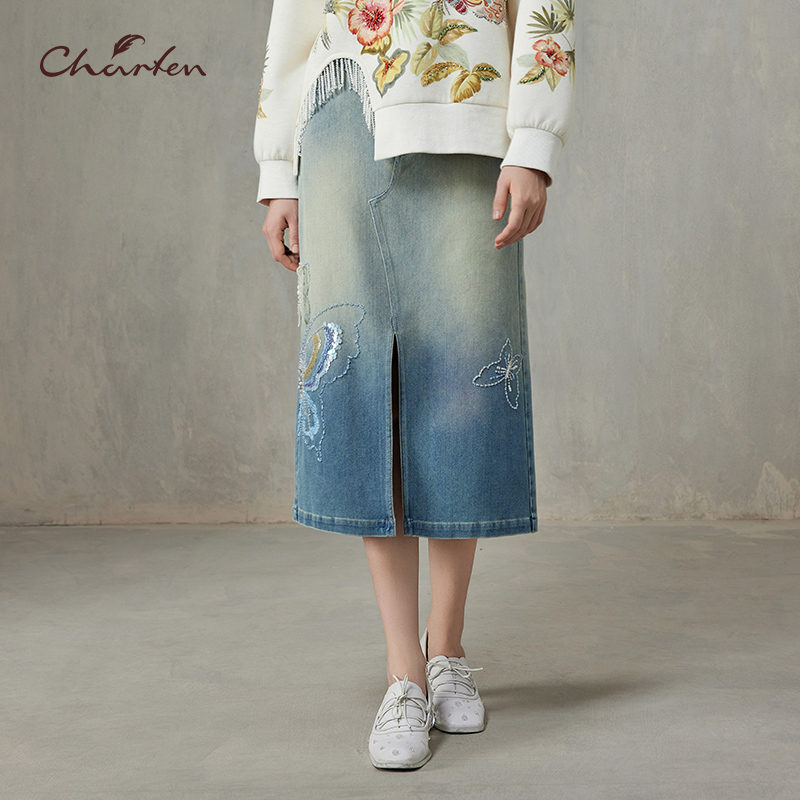 CHARFEN春季新款时尚百搭显瘦重工蝴蝶钉珠半身裙CFF1C328-3029S