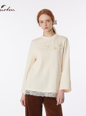 CHARFEN气质优雅蕾丝花边拼接圆领长袖针织衫上衣CFF3D327-3053B