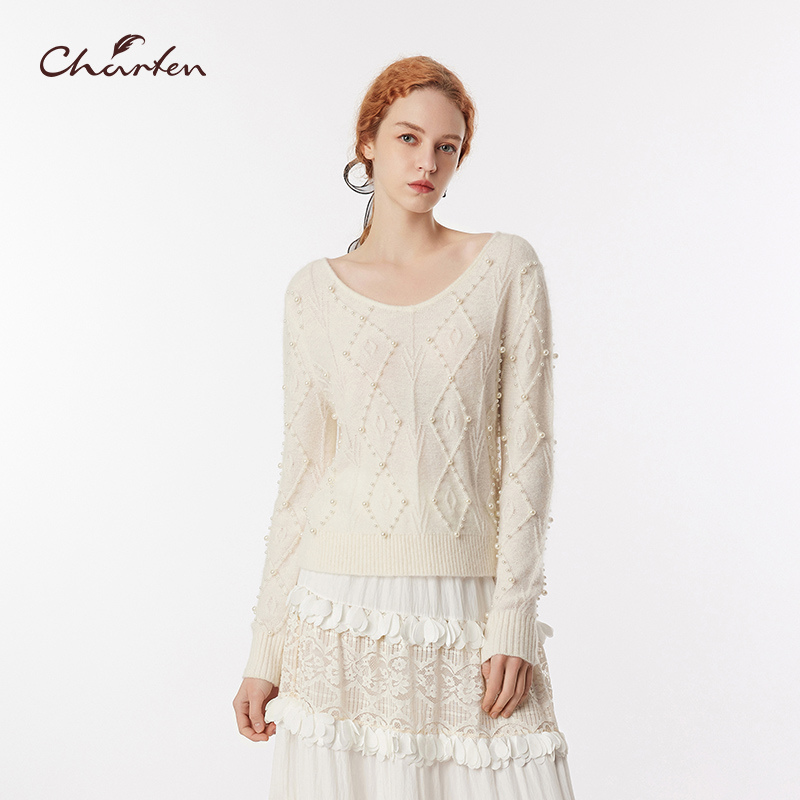 CHARFEN法式V领菱形针织衫女