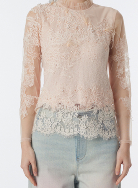 CHARFEN浪漫蕾丝风高领罩衫色花朵刺绣针织衫上衣CFF3B113-1053C