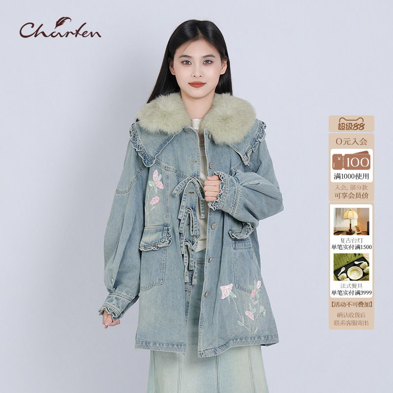 朝峰女款水洗牛仔狐狸毛领羽绒服图片
