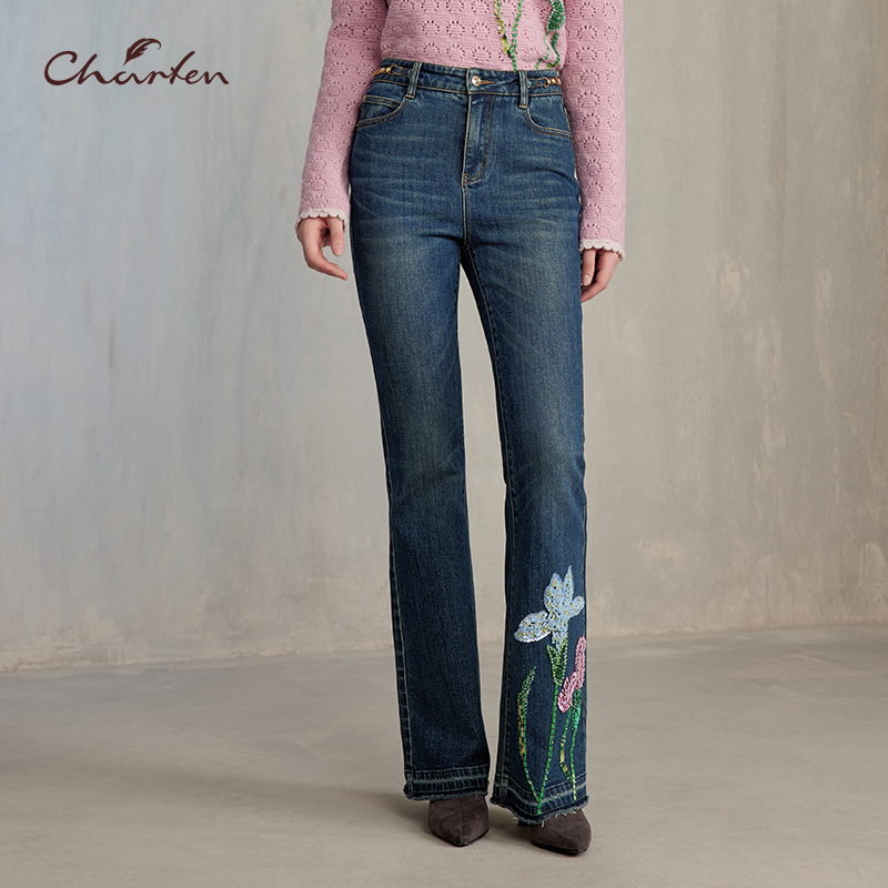 时尚百搭显瘦重工钉珠牛仔裤