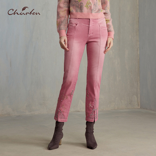 1081D 女CFE5F122 CHARFEN复古刺绣开叉九分裤 显瘦漫步巴黎休闲裤