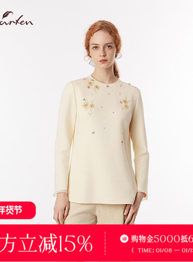 CHARFEN气质圆领重工刺绣花朵长袖针织衫百搭上衣CFF3C310-3097B