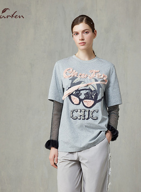 CHARFEN美式休闲卡通印花假两件T恤圆领针织上衣CFF1B517-5037B