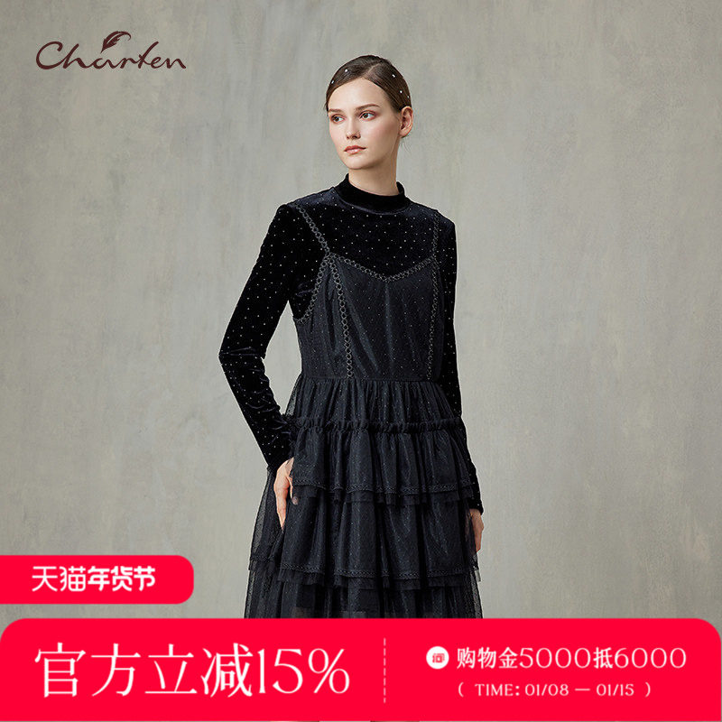 CHARFEN小香风黑色网纱连衣裙拼接长袖气质淑女裙CFF1A505-5005G,女装/女士精品,连衣裙,淘宝优惠券,粉丝福利购,淘宝优惠卷