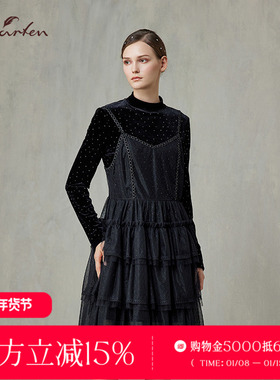 CHARFEN小香风黑色网纱连衣裙拼接长袖气质淑女裙CFF1A505-5005G
