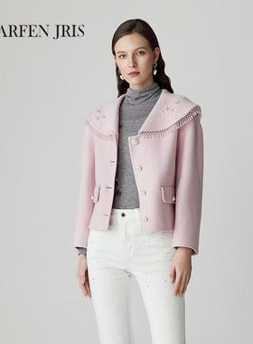 CHARFENJRIS朝峰2025春季新款大翻领短外套时髦毛领双排扣短大衣