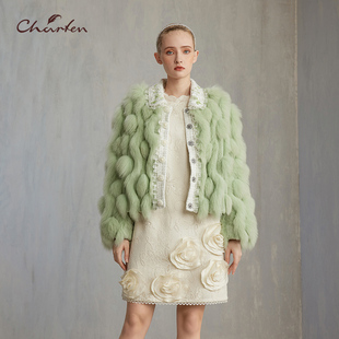 8056M 上衣CFE5F820 CHARFEN短皮草外套绿色毛毛大衣冬季 保暖时尚
