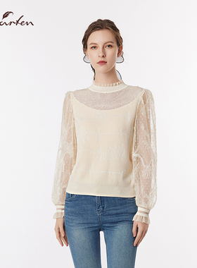 CHARFEN秋季新款半高领蕾丝针织衫女时尚百搭上衣CFF3B113-1073C