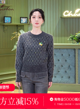 CHARFEN气质菱格纹圆领针织衫胸花套头保暖羊毛衫CFF5A950-9052C