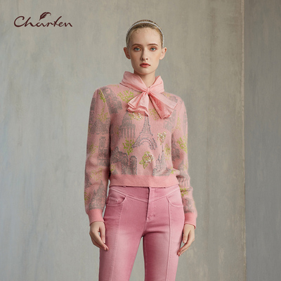 法式浪漫风粉色立体提花针织衫