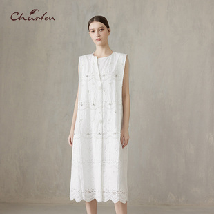 Charfen朝峰春新款 刺绣citywalk连衣裙2520058 女直筒型优雅无袖