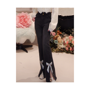 5080P 女CFF3C580 CHARFEN美式 复古黑色喇叭开叉水钻蝴蝶结牛仔裤