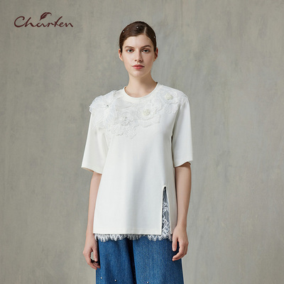 CHARFEN法式重工蕾丝短袖针织衫