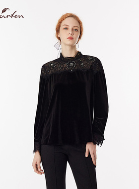 CHARFEN轻奢蕾丝拼接丝绒衬衫女长袖小众设计感CFF3B015-0022B