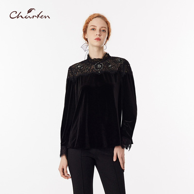 法式蕾丝拼接丝绒衬衫女