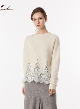 CHARFEN气质蕾丝拼接圆领毛针织衫女长袖百搭上衣CFF3D316-3023C