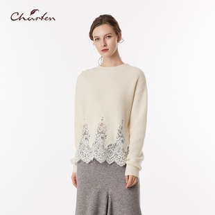3023C 百搭上衣CFF3D316 CHARFEN气质蕾丝拼接圆领毛针织衫 女长袖