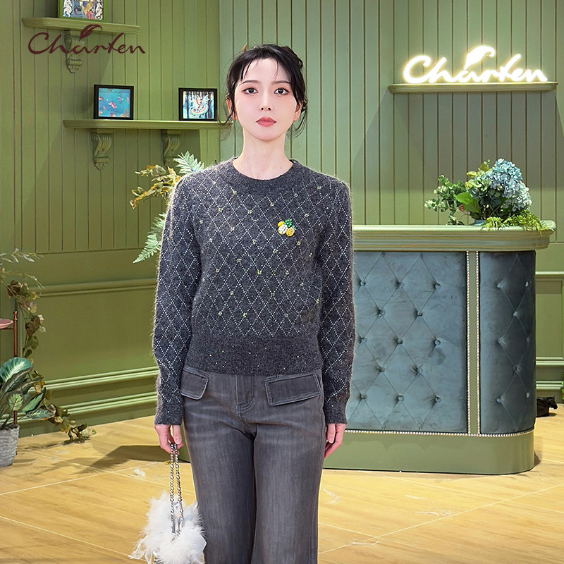 CHARFEN圆领麻花羊毛衫保暖