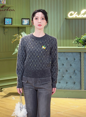 CHARFEN气质菱格纹圆领针织衫胸花套头保暖羊毛衫CFF5A950-9052C