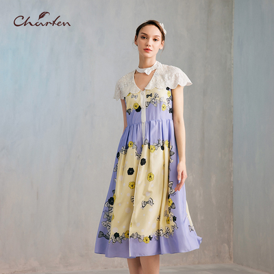 CHARFEN朝峰浪漫优雅显瘦中长款V领连衣裙女CFE2J111-1515G无领带