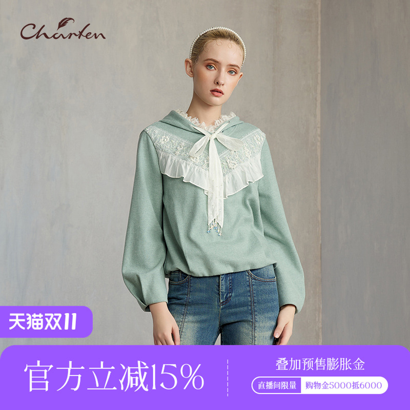甜美蕾丝拼接连帽针织衫