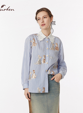 CHARFEN2025春季新款重工蕾丝边趣味条纹衬衫女CFF3A502-5002T