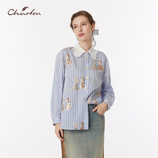 女CFF3A502 重工蕾丝边趣味条纹衬衫 5002T 新款 CHARFEN2025春季