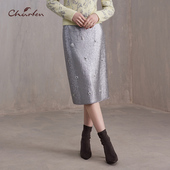 CHARFEN秋季 1085C 百搭显瘦重工钉珠亮片半身裙CFE3C126 新款 时尚